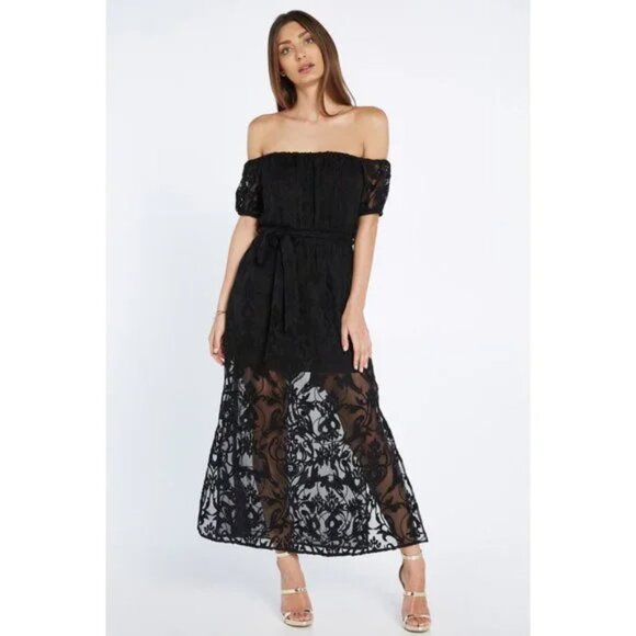 Bardot Gracie Off Shoulder Maxi Dress Black Lace Sheer Bottom Size 6/Small - Picture 1 of 8